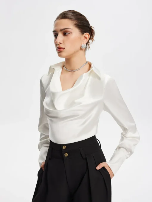 COMMENSE Blouses & Shirts|Tops^V-Neck Pleated Long Sleeve Blouse White