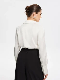 COMMENSE Blouses & Shirts|Tops^V-Neck Pleated Long Sleeve Blouse White