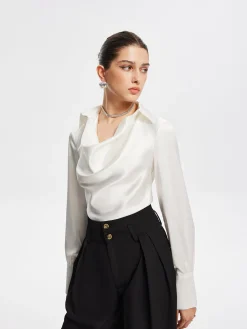 COMMENSE Blouses & Shirts|Tops^V-Neck Pleated Long Sleeve Blouse White