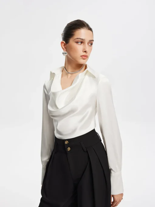 COMMENSE Blouses & Shirts|Tops^V-Neck Pleated Long Sleeve Blouse White