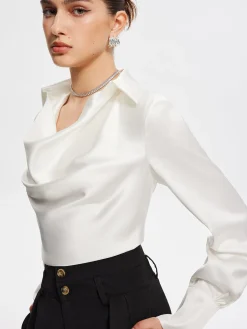 COMMENSE Blouses & Shirts|Tops^V-Neck Pleated Long Sleeve Blouse White