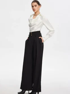 COMMENSE Blouses & Shirts|Tops^V-Neck Pleated Long Sleeve Blouse White