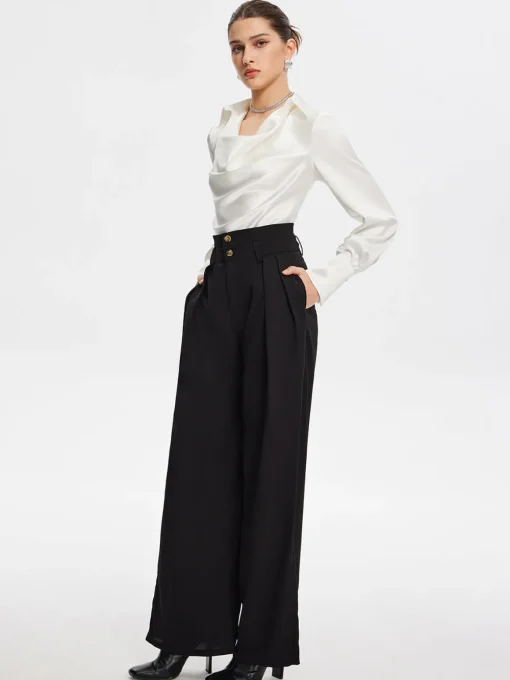 COMMENSE Blouses & Shirts|Tops^V-Neck Pleated Long Sleeve Blouse White