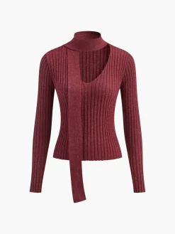 COMMENSE Sweater Tops|Sweaters & Cardigans^V-Neck Ribbon Sweater Burgundy