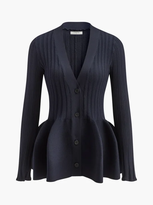 COMMENSE Knitwear|Tops^V-Neck Ruffle Button Cardigan Navy