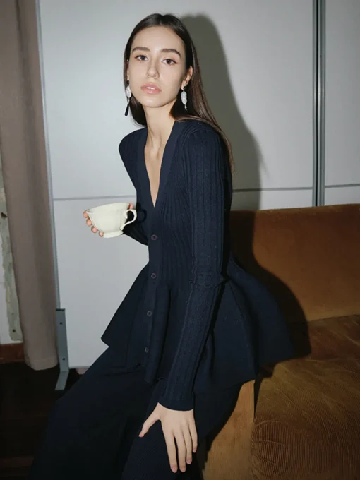 COMMENSE Knitwear|Tops^V-Neck Ruffle Button Cardigan Navy