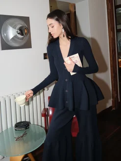 COMMENSE Knitwear|Tops^V-Neck Ruffle Button Cardigan Navy
