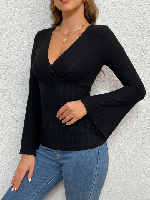COMMENSE T-shirts|Tops^V-Neck Ruffle Slim Top Black