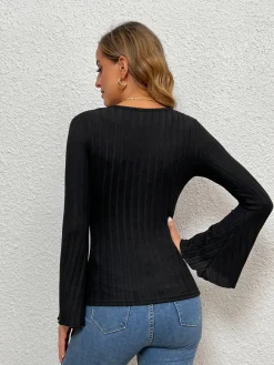 COMMENSE T-shirts|Tops^V-Neck Ruffle Slim Top Black