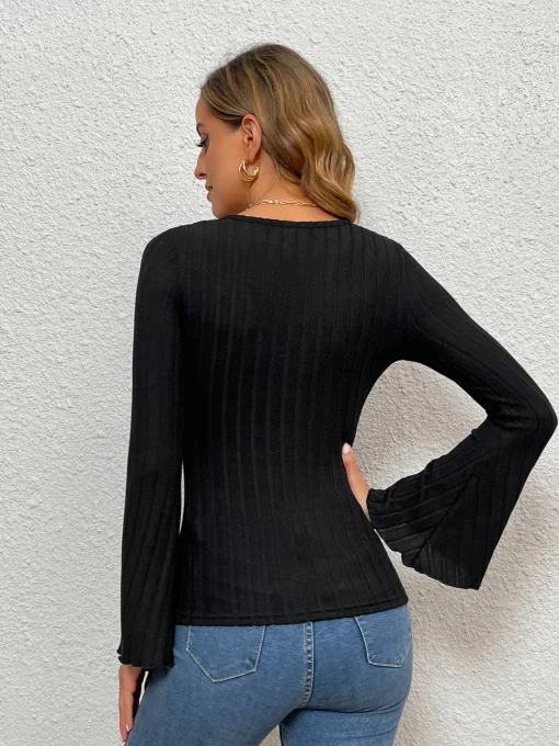 COMMENSE T-shirts|Tops^V-Neck Ruffle Slim Top Black