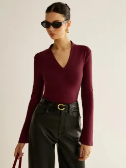 COMMENSE Blouses & Shirts|Tops^V-Neck Slit-Cuff Jersey Blouse Burgundy