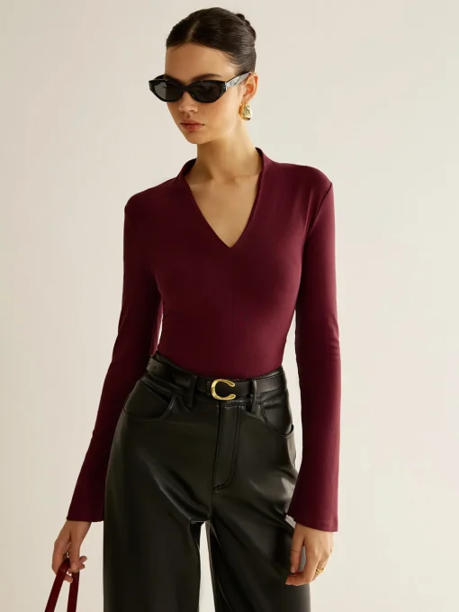 COMMENSE Blouses & Shirts|Tops^V-Neck Slit-Cuff Jersey Blouse Burgundy