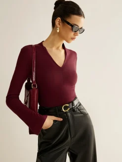 COMMENSE Blouses & Shirts|Tops^V-Neck Slit-Cuff Jersey Blouse Burgundy