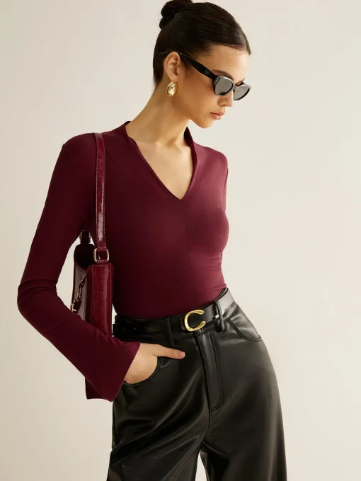COMMENSE Blouses & Shirts|Tops^V-Neck Slit-Cuff Jersey Blouse Burgundy