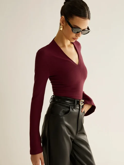 COMMENSE Blouses & Shirts|Tops^V-Neck Slit-Cuff Jersey Blouse Burgundy