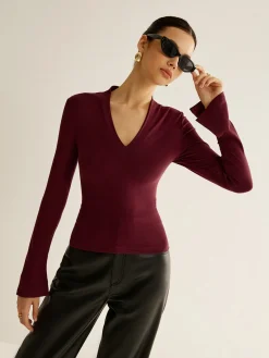 COMMENSE Blouses & Shirts|Tops^V-Neck Slit-Cuff Jersey Blouse Burgundy
