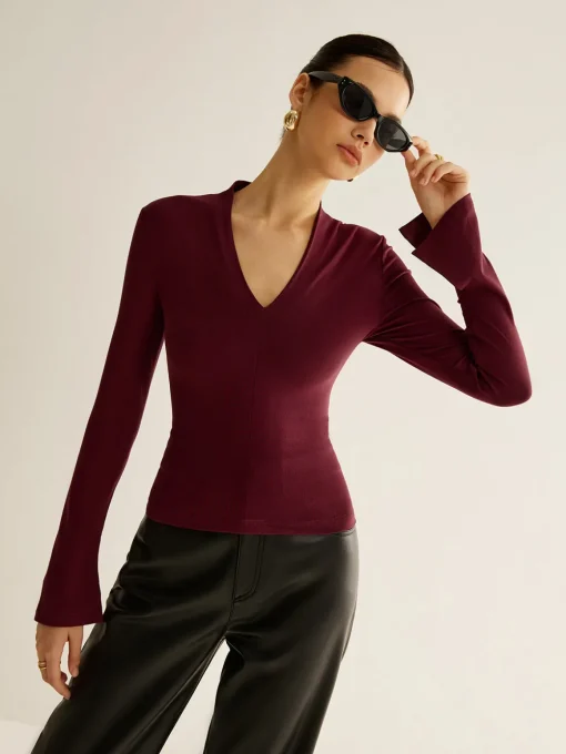 COMMENSE Blouses & Shirts|Tops^V-Neck Slit-Cuff Jersey Blouse Burgundy