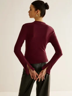 COMMENSE Blouses & Shirts|Tops^V-Neck Slit-Cuff Jersey Blouse Burgundy