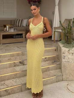 COMMENSE Sweater Dresses|Vacation Dresses^V-Neck Spaghetti Strap Sweater Long Dress Yellow