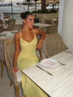COMMENSE Sweater Dresses|Vacation Dresses^V-Neck Spaghetti Strap Sweater Long Dress Yellow