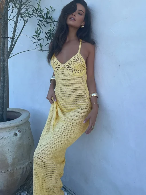 COMMENSE Sweater Dresses|Vacation Dresses^V-Neck Spaghetti Strap Sweater Long Dress Yellow