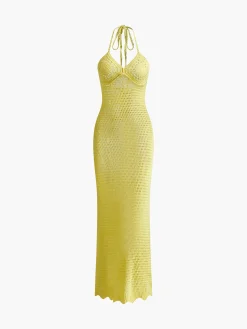 COMMENSE Sweater Dresses|Vacation Dresses^V-Neck Spaghetti Strap Sweater Long Dress Yellow