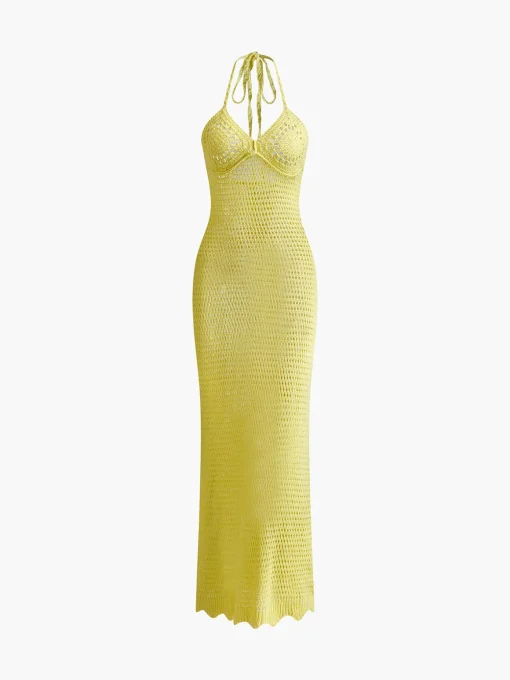 COMMENSE Sweater Dresses|Vacation Dresses^V-Neck Spaghetti Strap Sweater Long Dress Yellow
