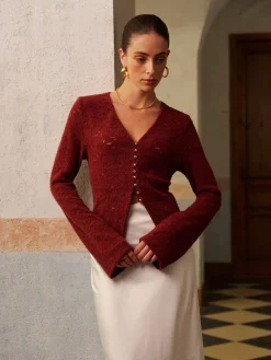 COMMENSE Tops^V-Neck Split Lace Blouse Burgundy