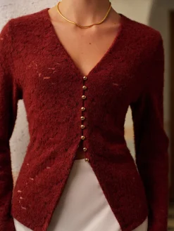 COMMENSE Tops^V-Neck Split Lace Blouse Burgundy