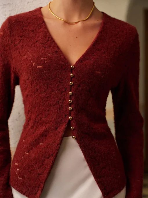 COMMENSE Tops^V-Neck Split Lace Blouse Burgundy