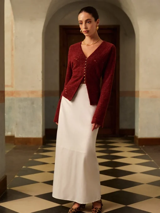 COMMENSE Tops^V-Neck Split Lace Blouse Burgundy