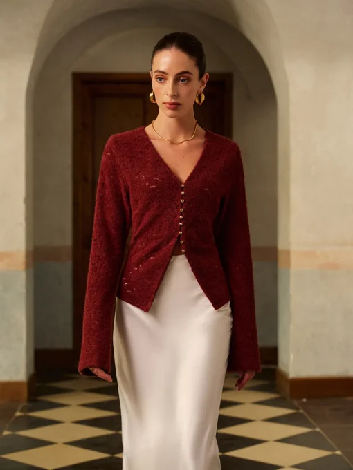 COMMENSE Tops^V-Neck Split Lace Blouse Burgundy