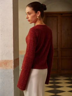 COMMENSE Tops^V-Neck Split Lace Blouse Burgundy