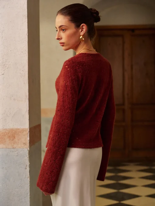 COMMENSE Tops^V-Neck Split Lace Blouse Burgundy