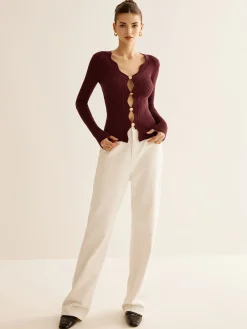 COMMENSE Sweater Tops|Sweaters & Cardigans^Wave Trim Cutout Slim Knit Top Burgundy
