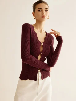 COMMENSE Sweater Tops|Sweaters & Cardigans^Wave Trim Cutout Slim Knit Top Burgundy