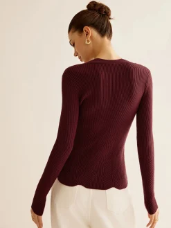 COMMENSE Sweater Tops|Sweaters & Cardigans^Wave Trim Cutout Slim Knit Top Burgundy