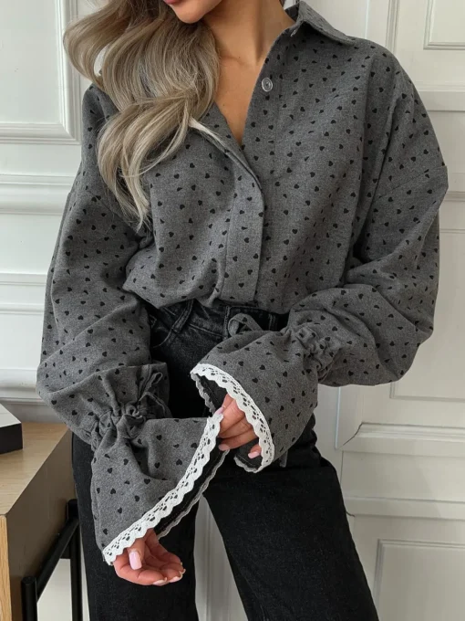 COMMENSE Blouses & Shirts|Tops^Women Heart Print Button Down Shirt Grey