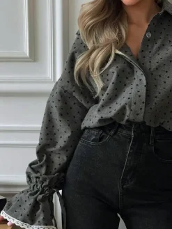 COMMENSE Blouses & Shirts|Tops^Women Heart Print Button Down Shirt Grey