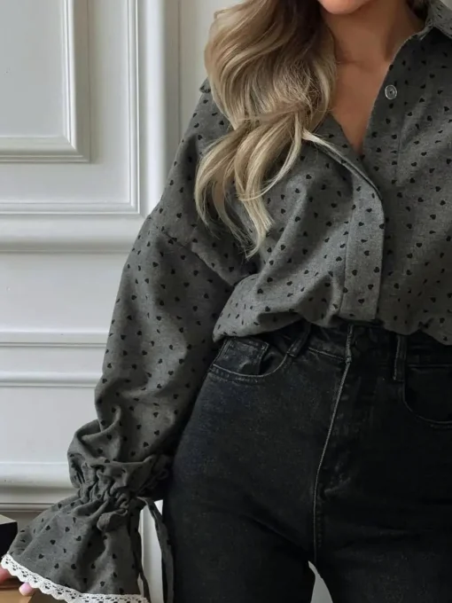 COMMENSE Blouses & Shirts|Tops^Women Heart Print Button Down Shirt Grey