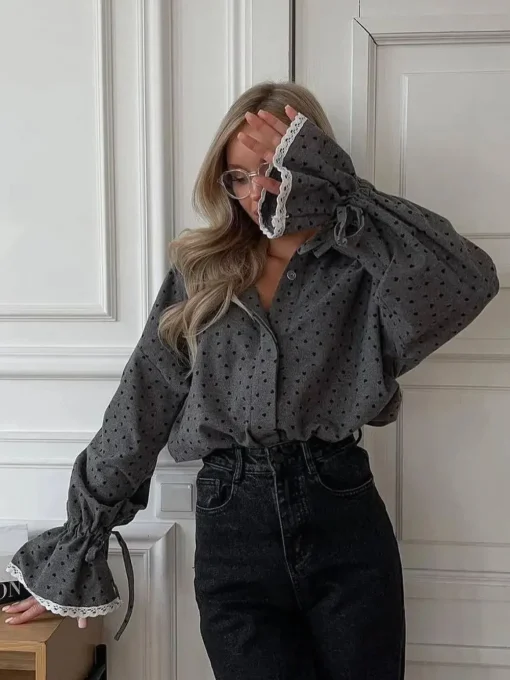 COMMENSE Blouses & Shirts|Tops^Women Heart Print Button Down Shirt Grey