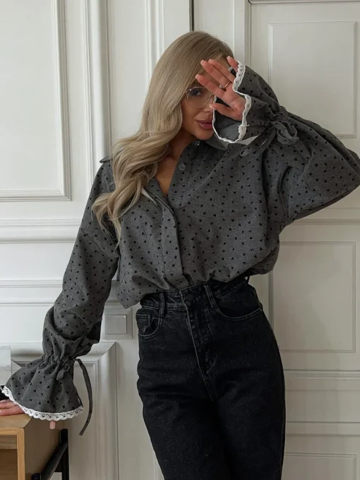 COMMENSE Blouses & Shirts|Tops^Women Heart Print Button Down Shirt Grey