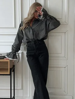 COMMENSE Blouses & Shirts|Tops^Women Heart Print Button Down Shirt Grey