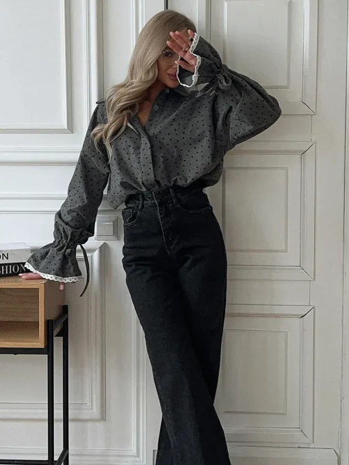 COMMENSE Blouses & Shirts|Tops^Women Heart Print Button Down Shirt Grey