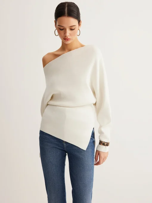 COMMENSE Sweater Tops|Sweaters & Cardigans^Wool-Blend Asymmetrical Neck Knit Top White