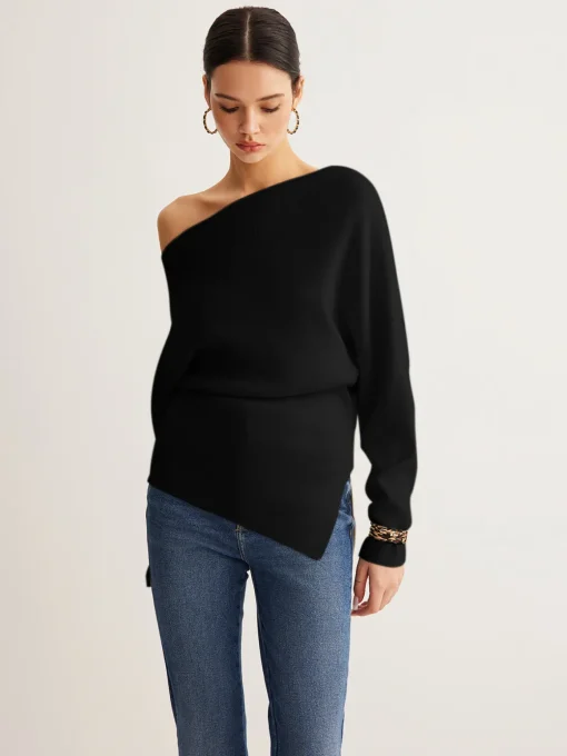 COMMENSE Sweater Tops|Sweaters & Cardigans^Wool-Blend Asymmetrical Neck Knit Top White