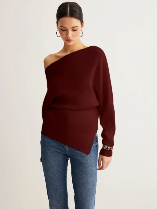 COMMENSE Sweater Tops|Sweaters & Cardigans^Wool-Blend Asymmetrical Neck Knit Top White
