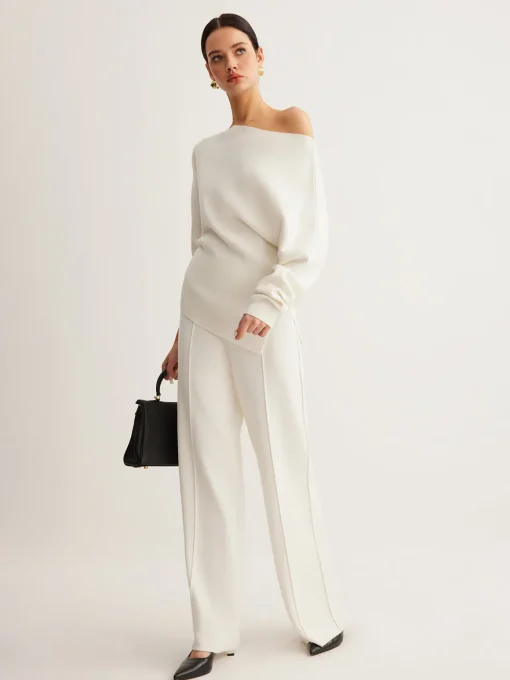 COMMENSE Sweater Tops|Sweaters & Cardigans^Wool-Blend Asymmetrical Neck Knit Top White