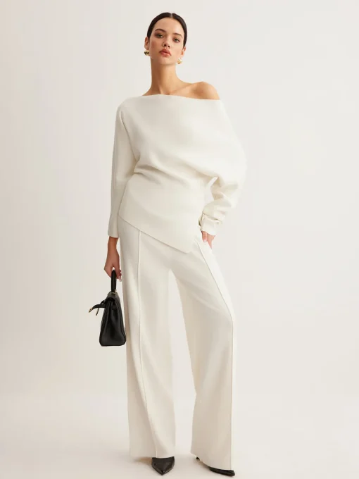 COMMENSE Sweater Tops|Sweaters & Cardigans^Wool-Blend Asymmetrical Neck Knit Top White