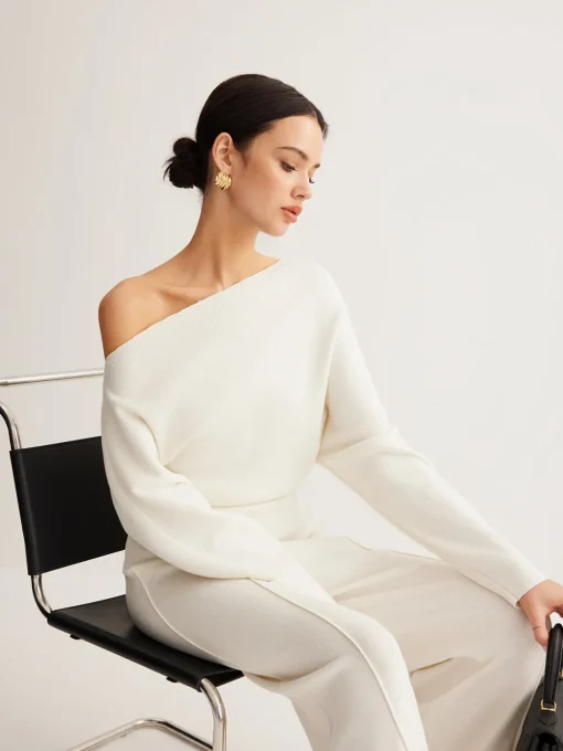 COMMENSE Sweater Tops|Sweaters & Cardigans^Wool-Blend Asymmetrical Neck Knit Top White